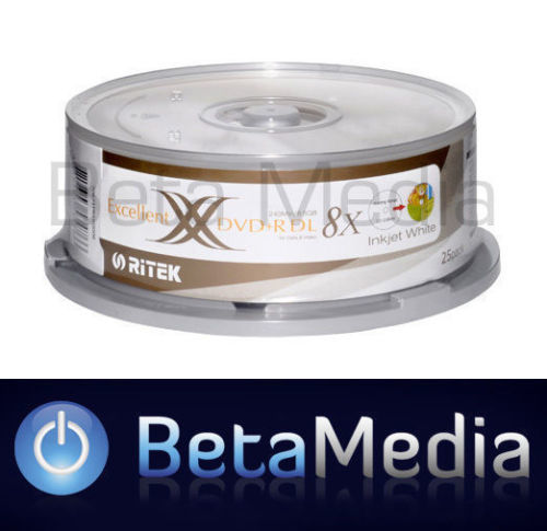 25 x RITEK 8.5GB DVD+R DL Dual layer 8X - Full Hub Printable DVD Discs ...