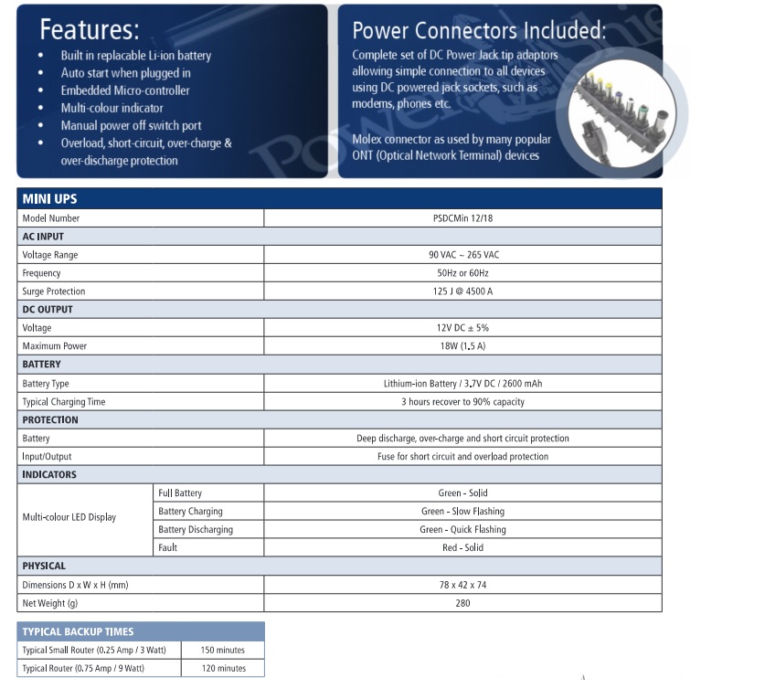 PowerShield Portable Mini UPS 12V DC 18W Plug Pack Uninterruptible power  Supply