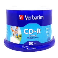 50 Verbatim CD-R 52x blank discs - White Surface Inkjet Printable CD